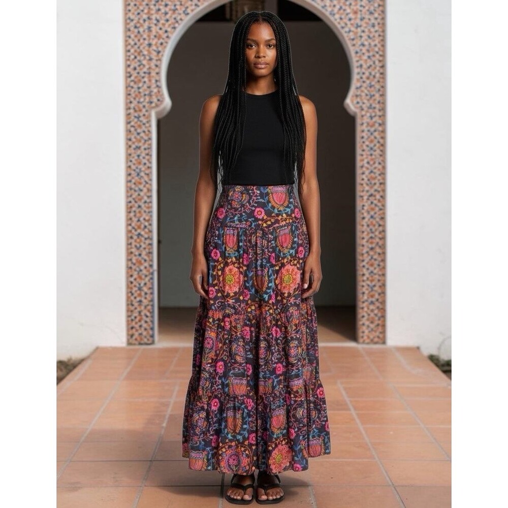 Natural Life Gypsy Tiered Maxi Skirt XL Folk Dark Floral Boho Festival Smocked